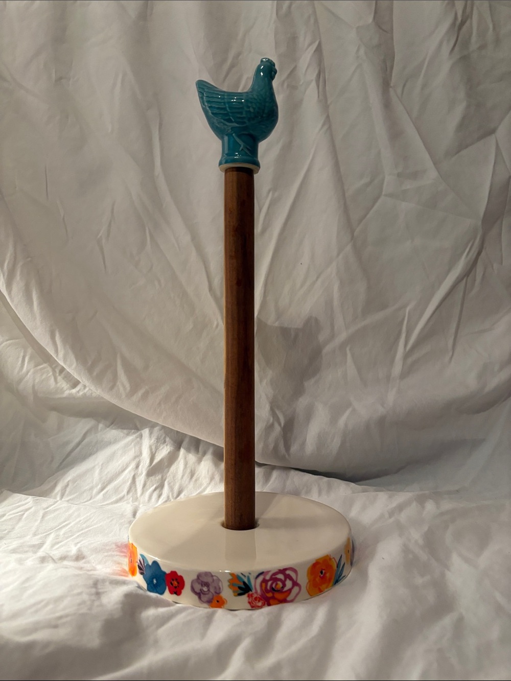 The Pioneer Woman Teal Blue Hen Paper Towel Holder with Floral Base